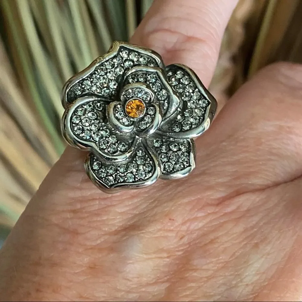 TK316 Stainless Steel Topaz Rhinestone Flower Ring Size 6